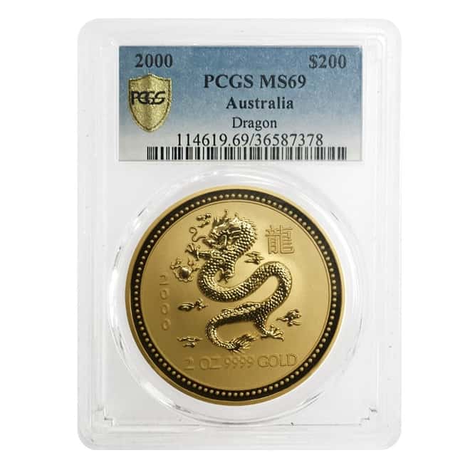 2000 2 oz Gold Lunar Year of The Dragon Australia Perth Mint PCGS MS 69
