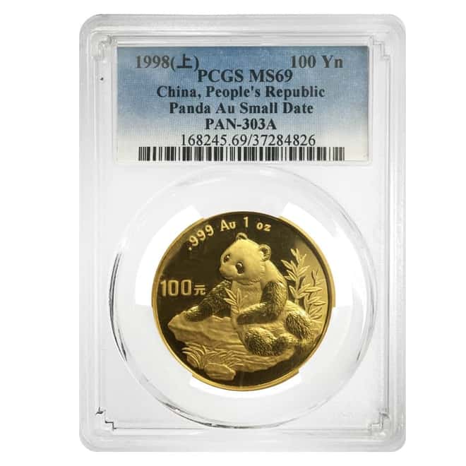 1998 1 oz Chinese Gold Panda 100 Yuan Small Date PCGS MS 69
