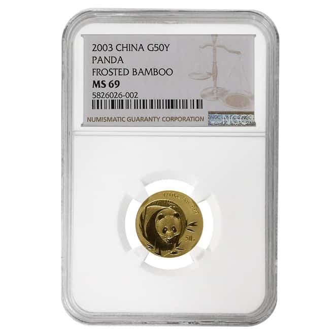 2003 1/10 oz Chinese Gold Panda 50 Yuan Frosted Bamboo NGC MS 69
