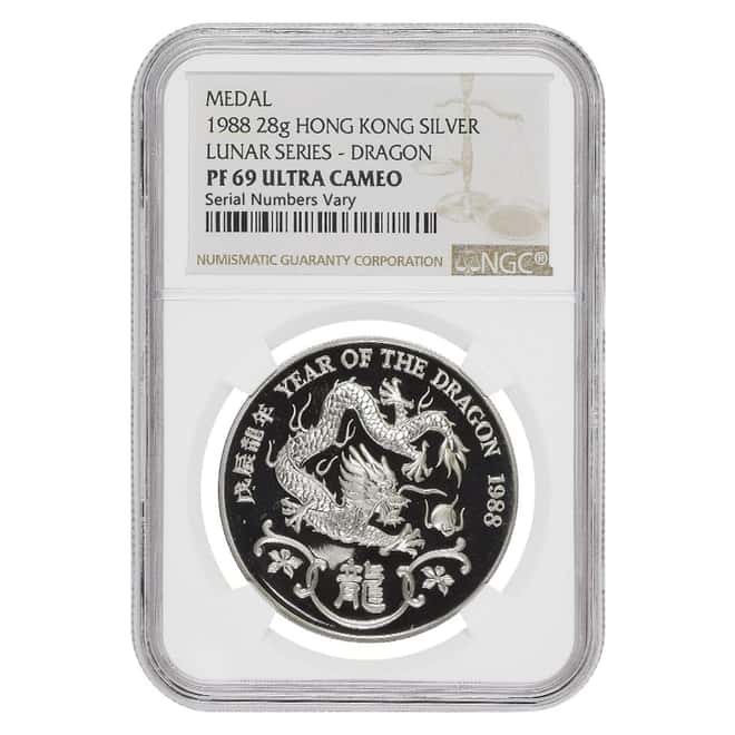 1988 28 gram Hong Kong Year of the Dragon Proof Silver Medal NGC PF 69 UCAM