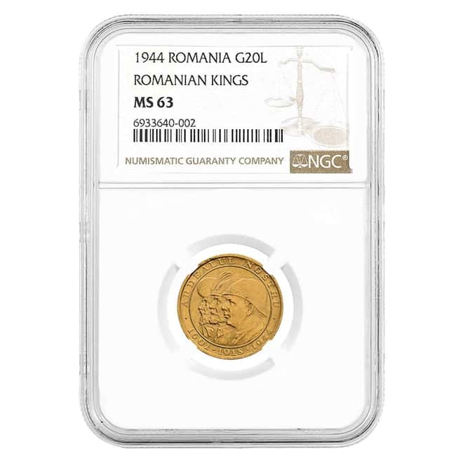 1944 Romania 20 Lei Romanian Kings Gold Coin NGC MS 63