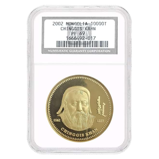 2002 1 oz Mongolia Proof Chinggis Kahn Gold Coin NGC PF 69