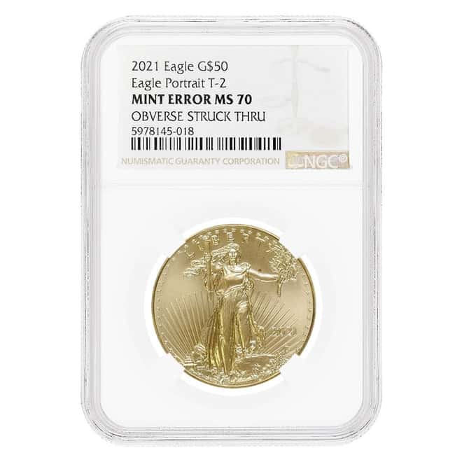 2021 1 oz Gold American Eagle Type 2 NGC MS 70 Mint Error (Obv Struck Thru)