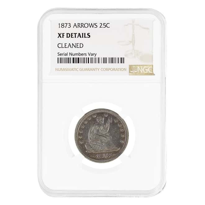 1873 Seated Liberty Silver Quarter Dollar 25C Arrows NGC XF Details