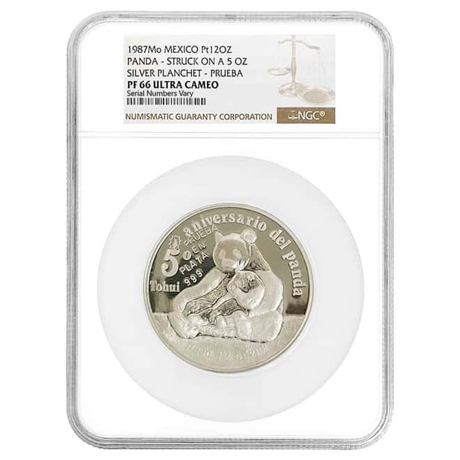1987 Mexico 5 oz Silver Tohui Panda NGC PF 66 (Platinum Panda Design Struck on Silver Planchet)