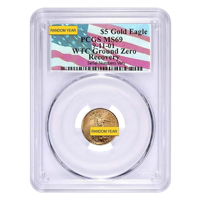 1/10 oz $5 Gold American Eagle PCGS MS 69 (9-11-01 WTC Ground Zero Label, Random Year)