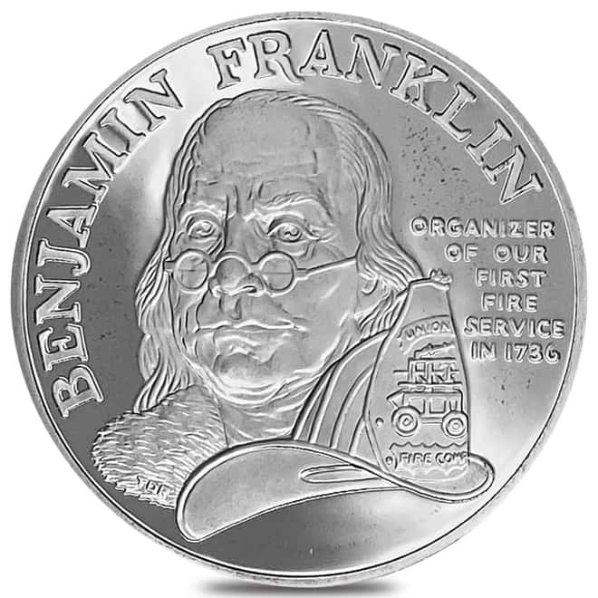 1992 US Mint 1 oz Ben Franklin Firefighters Proof Silver Medal .999 Fine (w/Box & COA)