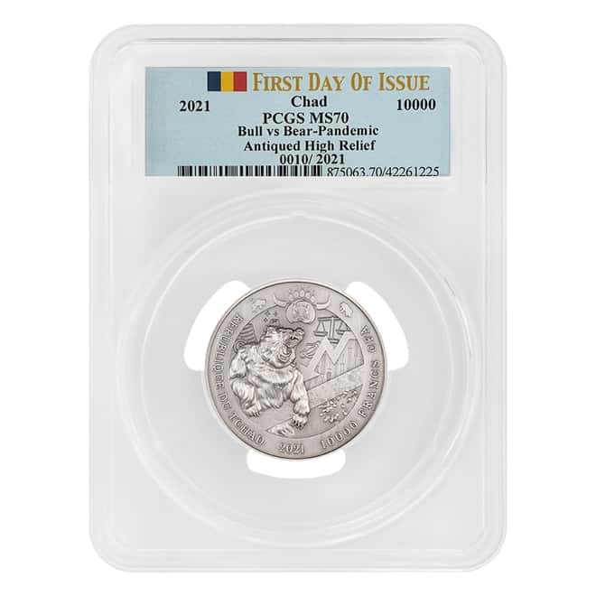 2021 Chad 2 oz Silver Bull vs Bear Pandemic Serial #10 PCGS MS 70 FDOI Antiqued High Relief