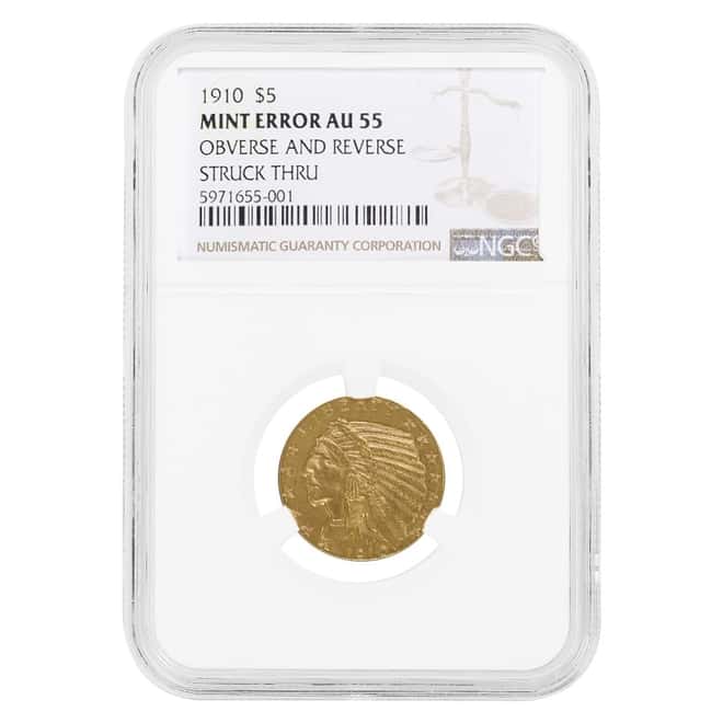 1910 $5 Indian Head Half Eagle Gold Coin NGC AU 55 Mint Error (Obv & Rev Struck Thru)