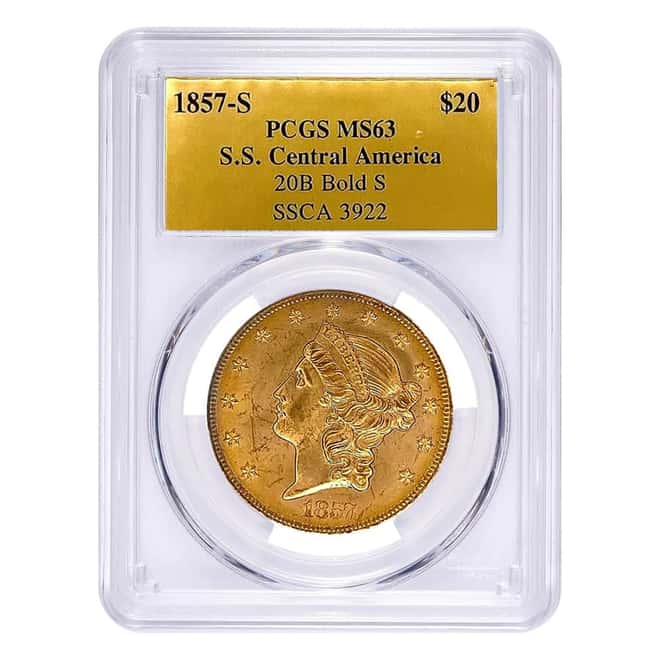 1857 S $20 Liberty Head Gold Double Eagle SS Central America PCGS MS 63 (w/Box & COA)