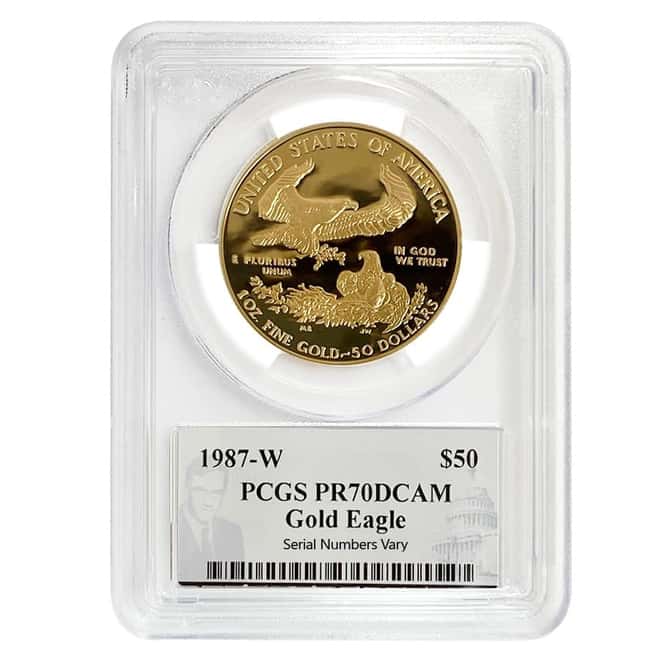 1987 W 1 oz $50 Proof Gold American Eagle PCGS PF 70 DCAM (Philip Diehl Sign)