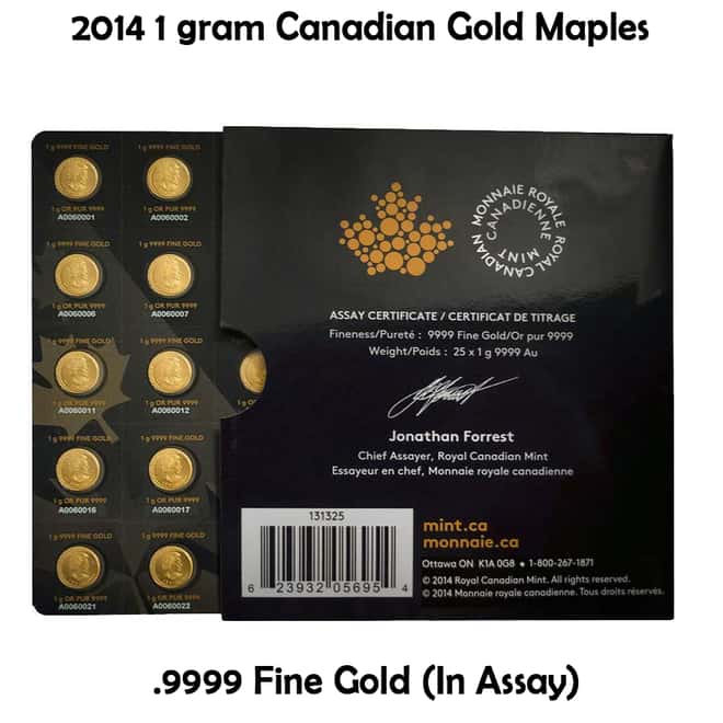 2014 25 x 1 gram Canadian Gold Maples .9999 Fine