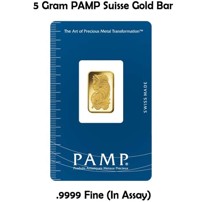 5 Gram PAMP Suisse Gold Bar .9999 Fine (In Assay)