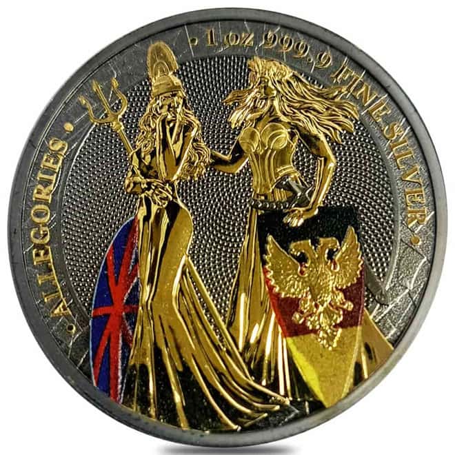 2019 1 oz Britannia & Germania The Allegories Ruthenium Gilded Silver Coin