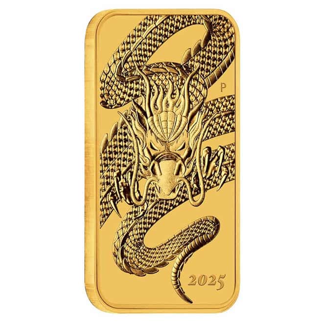 2025 1 oz Gold Australian Dragon Rectangular Coin Bar $100 BU