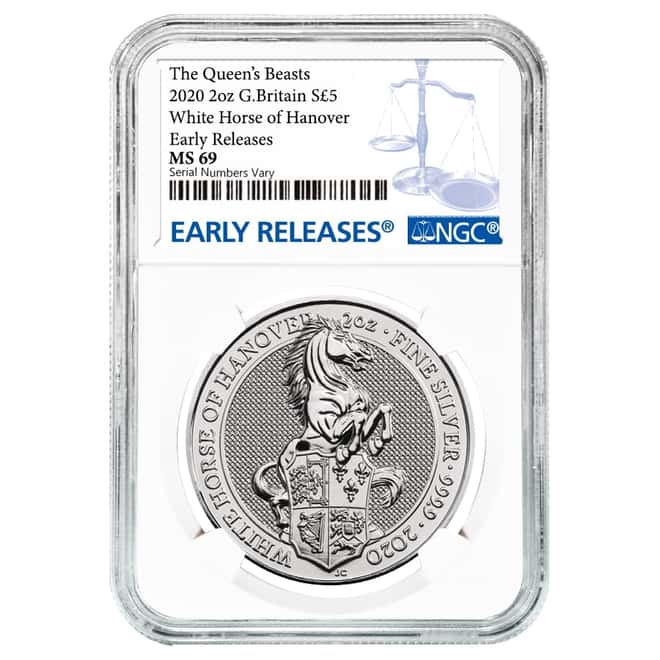 2020 Great Britain 2 oz Silver Queen's Beasts White Horse of Hanover Coin NGC MS 69 ER