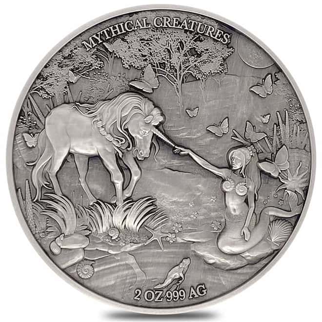 2021 Chad 2 oz Silver Mermaid & Unicorn - Mythical Creatures Series Antiqued High Relief Coin (w/Box)