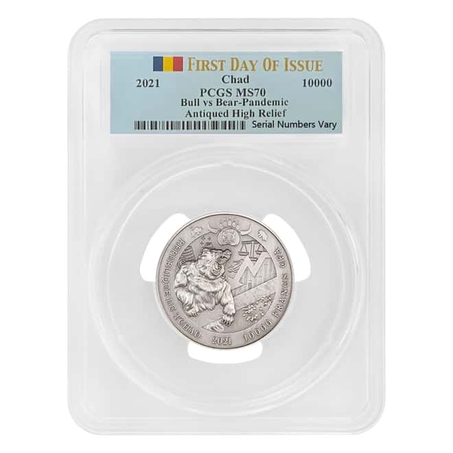 2021 Chad 2 oz Silver Bull vs Bear Pandemic Coin PCGS MS 70 FDOI Antiqued High Relief