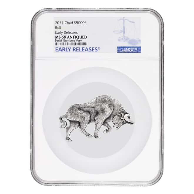 2021 Chad 1 oz Silver Bull Shaped Coin NGC MS 69 ER Antiqued High Relief