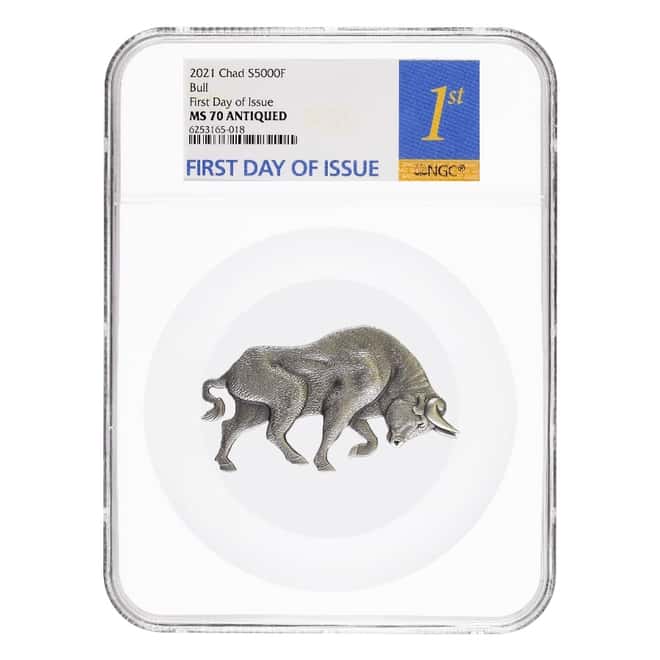 2021 Chad 1 oz Silver Bull Shaped Coin Serial #5 NGC MS 70 FDOI Antiqued High Relief