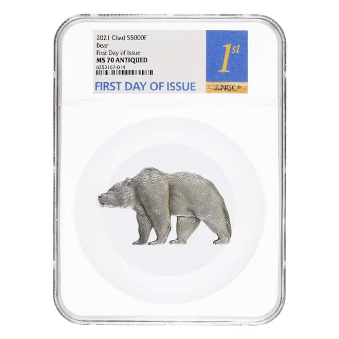 2021 Chad 1 oz Silver Bear Shaped Coin Serial #1 NGC MS 70 FDOI Antiqued High Relief