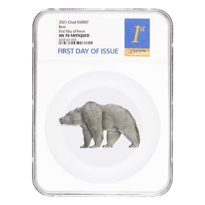 2021 Chad 1 oz Silver Bear Shaped Coin Serial #4 NGC MS 70 FDOI Antiqued High Relief