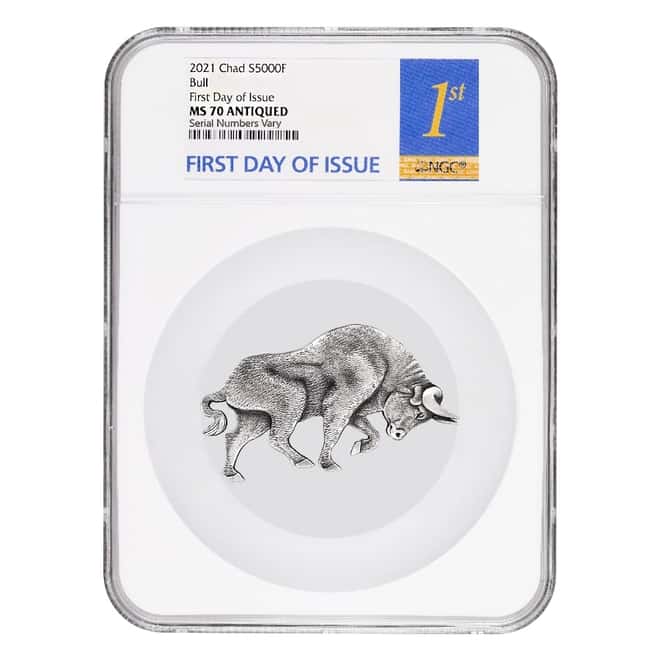2021 Chad 1 oz Silver Bull Shaped Coin NGC MS 70 FDOI Antiqued High Relief