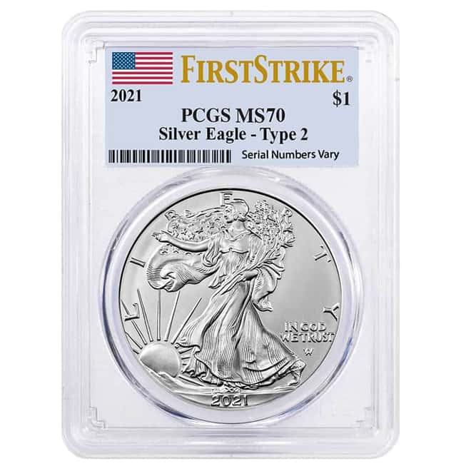 2021 1 oz Silver American Eagle Type 2 PCGS MS 70 FS (Flag Label)