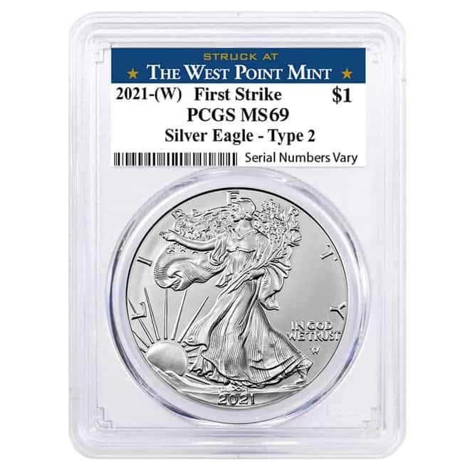 2021 (W) 1 oz Silver American Eagle Type 2 PCGS MS 69 FS (West Point)