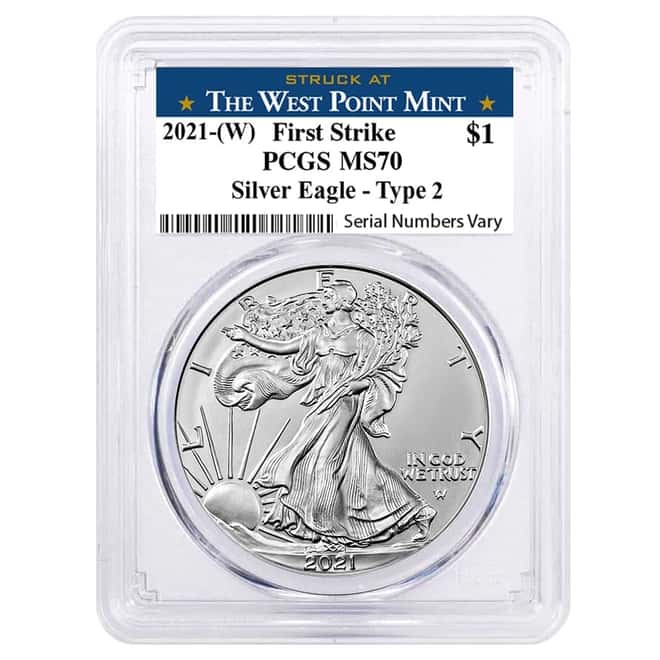 2021 (W) 1 oz Silver American Eagle Type 2 PCGS MS 70 FS (West Point)