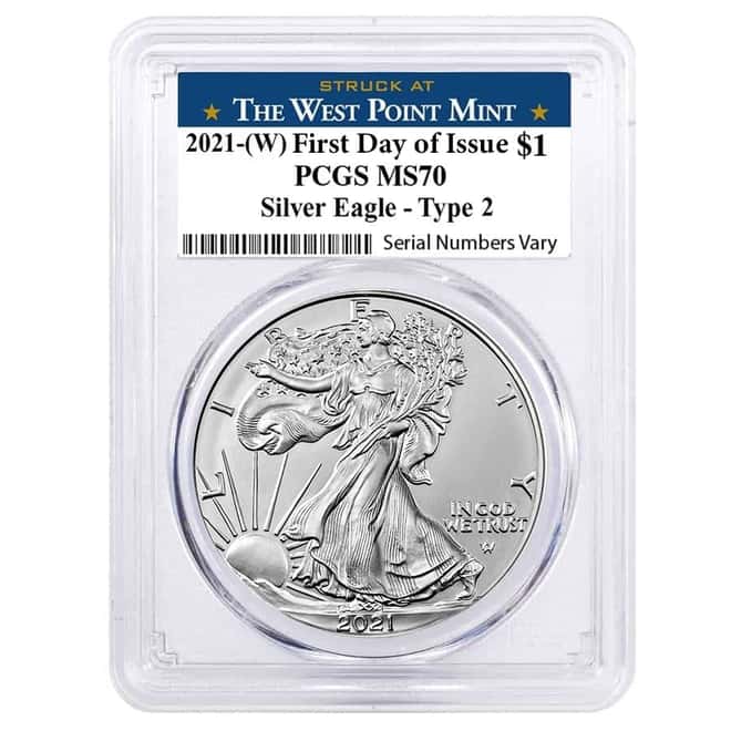 2021 (W) 1 oz Silver American Eagle Type 2 PCGS MS 70 FDOI (West Point)