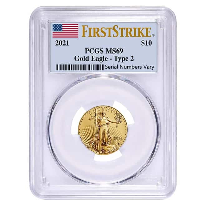 2021 1/4 oz Gold American Eagle Type 2 PCGS MS 69 First Strike