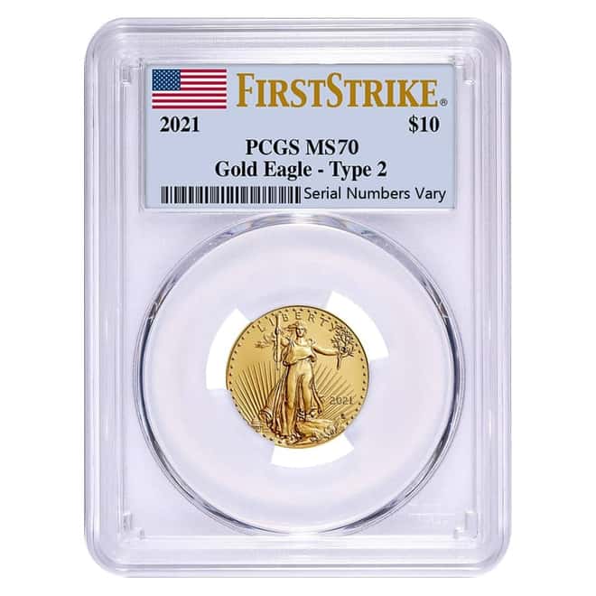 2021 1/4 oz Gold American Eagle Type 2 PCGS MS 70 First Strike