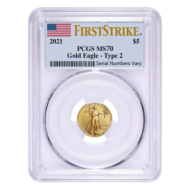 2021 1/10 oz Gold American Eagle Type 2 PCGS MS 70 First Strike