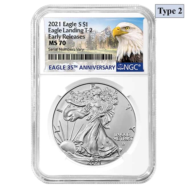 2021 1 oz Silver American Eagle Type 2 NGC MS 70 ER (Eagle Label)