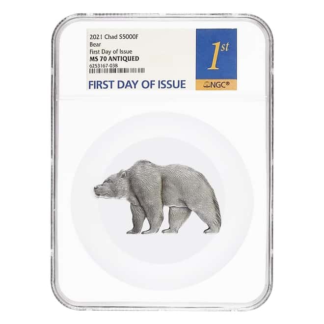 2021 Chad 1 oz Silver Bear Shaped Coin Serial #3 NGC MS 70 FDOI Antiqued High Relief