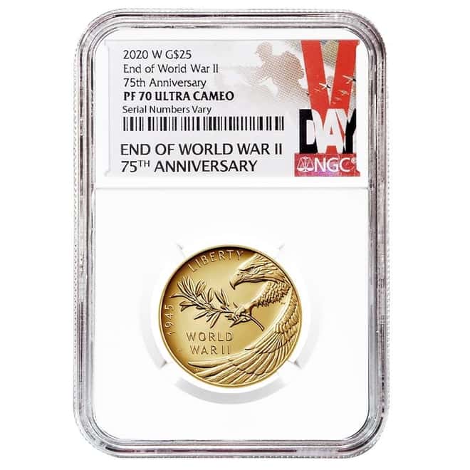2020-W 1/2 oz End of WWII 75th Anniv $25 Proof Gold Coin NGC PF 70 (V-Day Label)