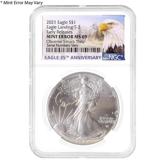 2021 1 oz Silver American Eagle Type 2 NGC MS 69 ER Eagle Label Mint Error (Obv Struck Thru)