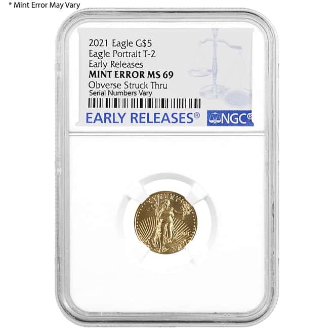 2021 1/10 oz Gold American Eagle Type 2 NGC MS 69 ER Mint Error (Obv Struck Thru)