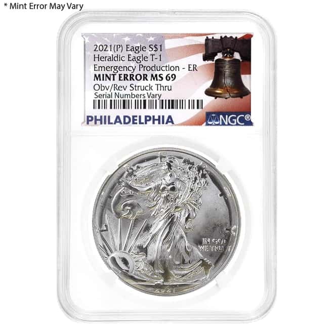 2021 (P) 1 oz Silver American Eagle NGC MS 69 ER Mint Error (Obv/Rev Struck Thru) Emergency Production