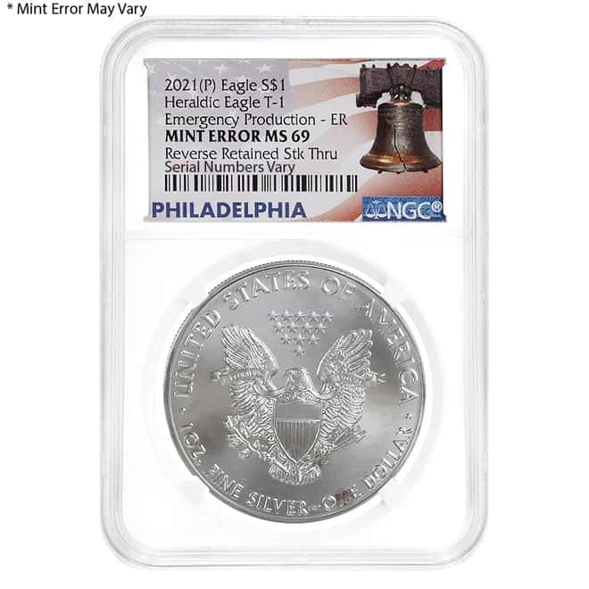 2021 (P) 1 oz Silver American Eagle NGC MS 69 ER Mint Error (Rev Retained Struck Thru) Emergency Production
