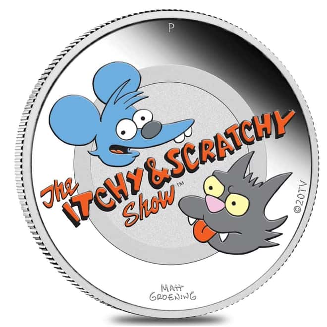 2021 1 oz Tuvalu Proof Colorized The Simpsons Itchy & Scratchy Silver Coin .9999 Fine (w/Box & COA)