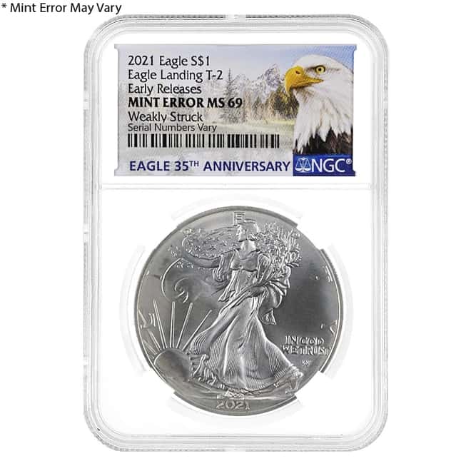 2021 1 oz Silver American Eagle Type 2 NGC MS 69 ER Eagle Label Mint Error (Weakly Struck)