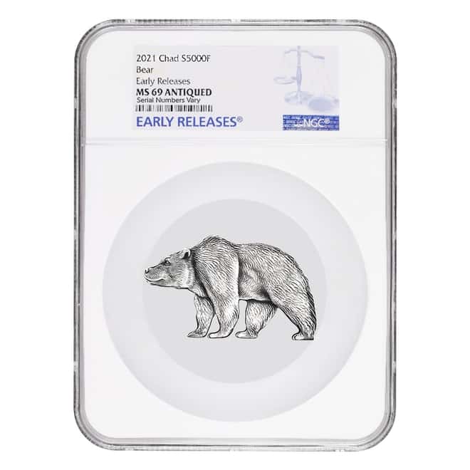 2021 Chad 1 oz Silver Bear Shaped Coin NGC MS 69 ER Antiqued High Relief