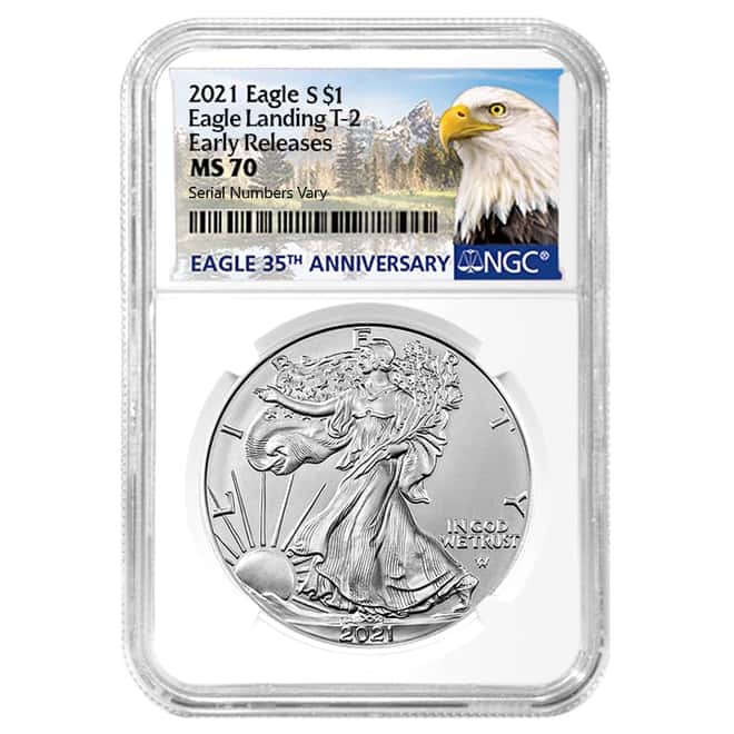 Lot of 10 - 2021 1 oz Silver American Eagle Type 2 NGC MS 70 ER (Eagle Label)