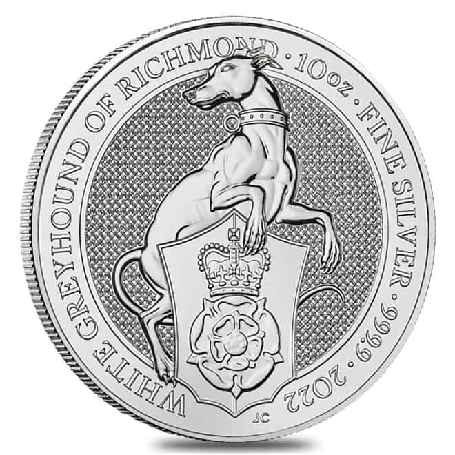 2022 Great Britain 10 oz Silver Queen's Beasts White Greyhound of Richmond Coin .9999 Fine BU In Cap