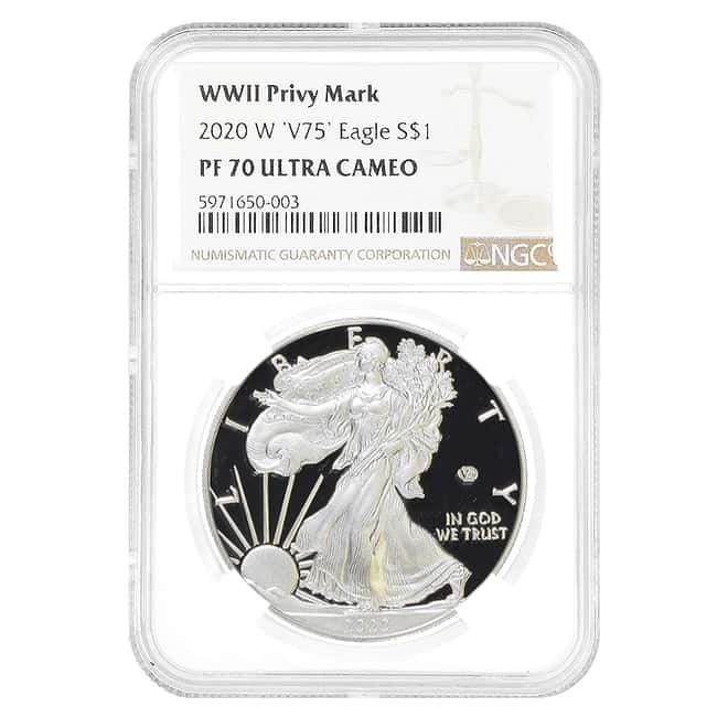 2020-W V75 Privy 1 oz Proof Silver American Eagle End of WWII 75th Anniv NGC PF 70 UCAM
