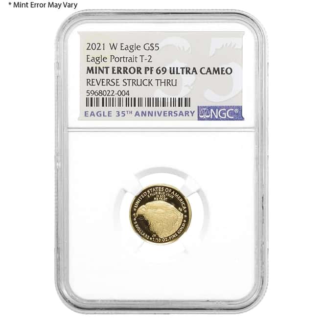 2021-W 1/10 oz $5 Proof Gold American Eagle Type 2 NGC PF 69 Mint Error (Rev Struck Thru)