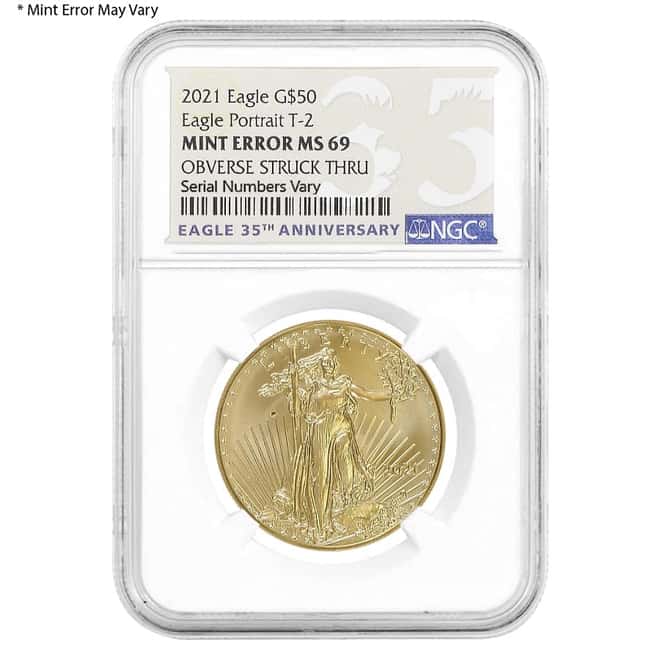 2021 1 oz Gold American Eagle Type 2 NGC MS 69 Mint Error (Obv Struck Thru)
