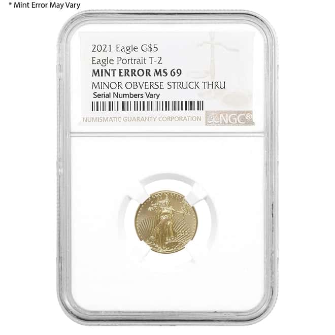 2021 1/10 oz Gold American Eagle Type 2 NGC MS 69 Mint Error (Minor Obv Struck Thru)